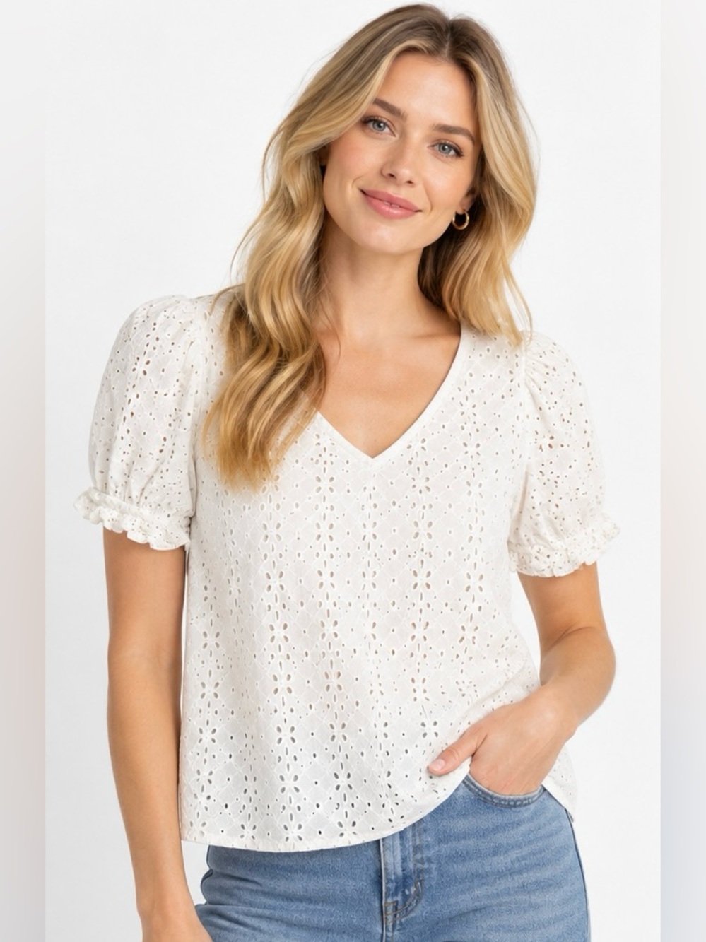 Draper James White Eyelet Cotton Puff Sleeve Babydoll Top Large V-Neck